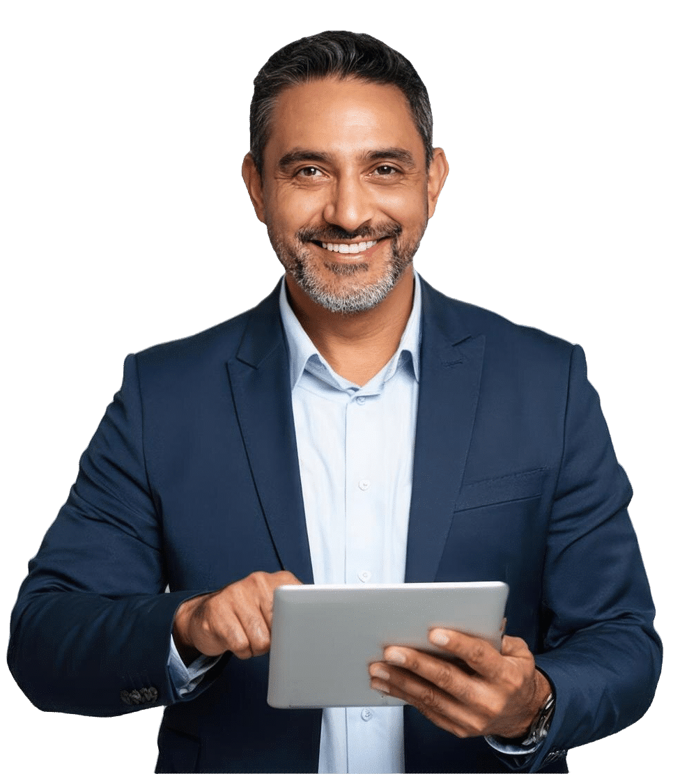 ejecutivo evaluando opciones de arrendador leasing desde una tablet